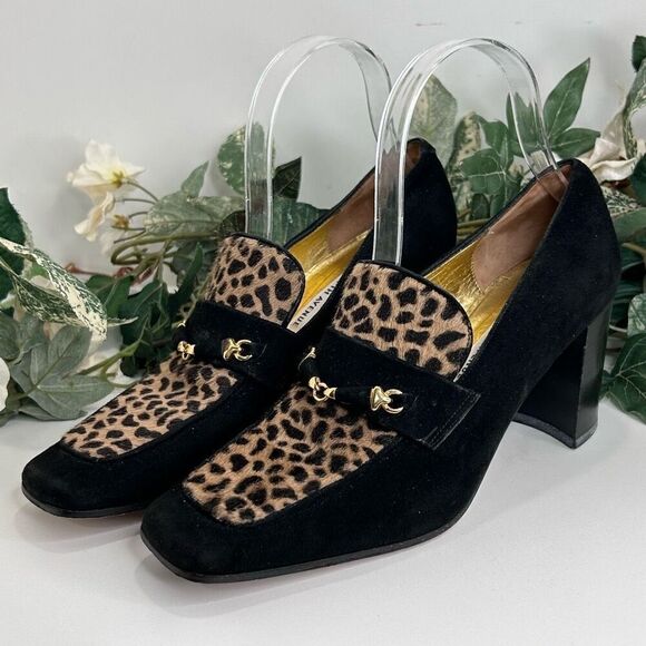 Saks Fifth Avenue Heels Women’s Size 8 AA Black Suede Animal Print Loafer Pump - Picture 10 of 15